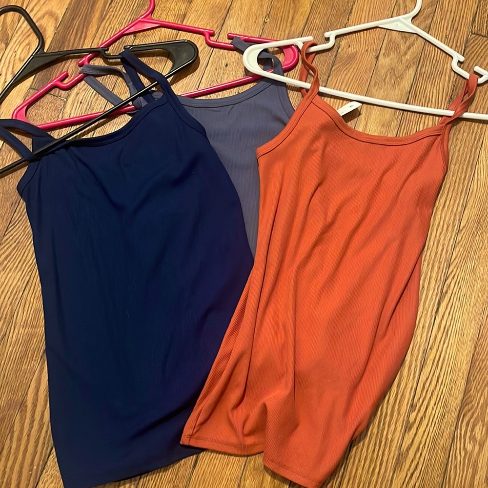 SET OF TANKS! (3) burnt orange, dark grey, navy, size S